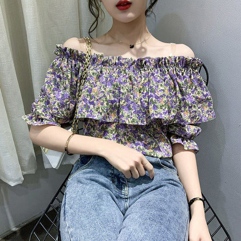 Off Shoulder Slash Neck Flowers Ruffles Shirt