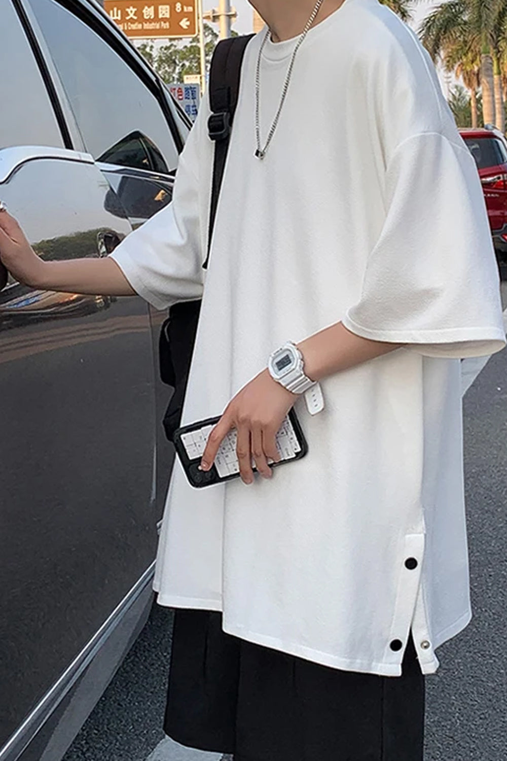 Loose Short Sleeve Hip Hop Side Slit Button Men Shirts