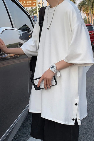 Loose Short Sleeve Hip Hop Side Slit Button Men Shirts