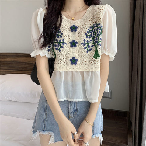Retro V-Neck Floral Embroidered Short Sleeve Shirt