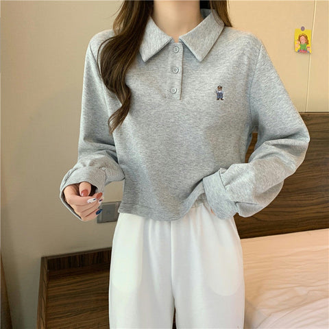 Long Sleeve Cartoon Pocket Embroidered Turn Down Collar Sweatshirt