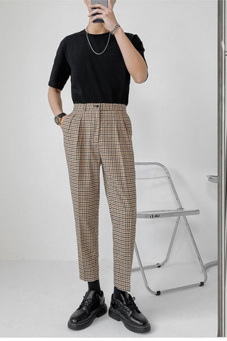 Vintage Plaid Elastic Waist Ankle Length Men Pants