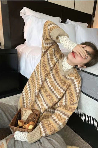 Loose Argyle Pattern Knitted Warm Sweater