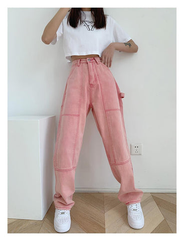 High Waist Loose Pink Jeans Pants