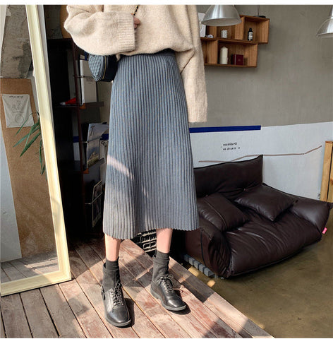 High Waist Knitted Pleated Pencil Skirts