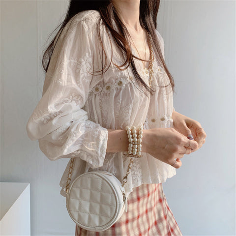 V-Neck Flower Hollow Out Loose Blouse Shirt