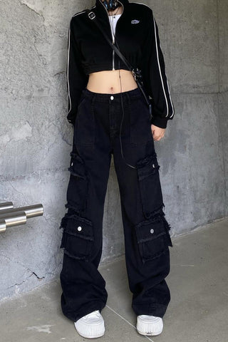 High Waist Cargo Pocket Loose Black Denim Pants