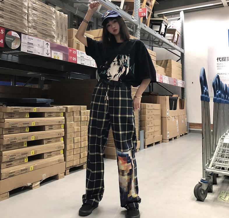 High Waist Casual Plaid Patchwork Pants