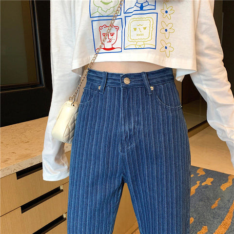 Loose Striped Style Wide Leg Jeans Pants