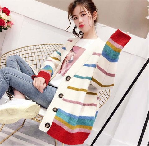 Loose Colorful Striped Cardigan