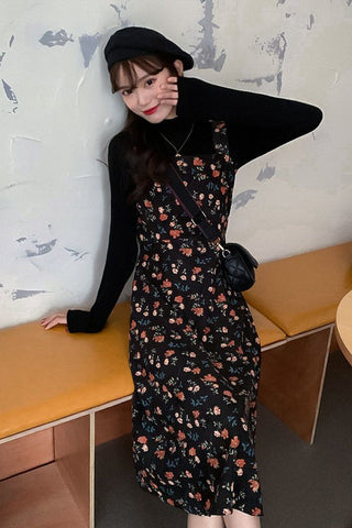 Vintage Floral Printed Loose Strap Dress