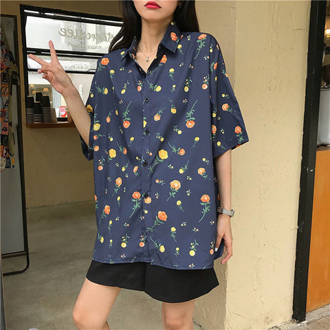 Flowers Pattern Short Sleeve Blouse Shirt