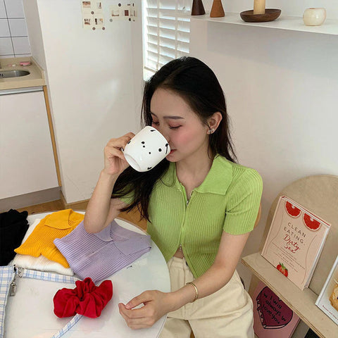 Short Sleeve Zipper Knitted Slim Shirt