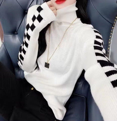 Long Sleeve Side Checkered Knitted Turtleneck Sweater