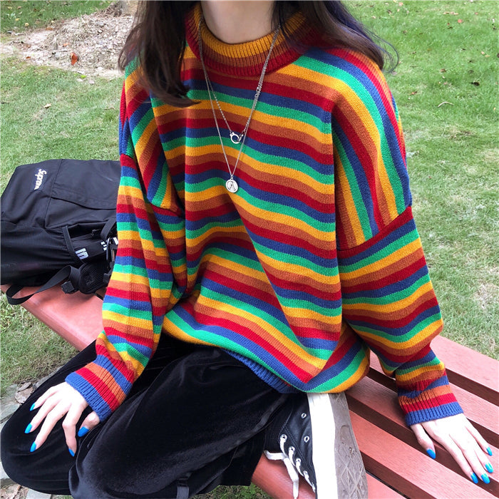 Loose Rainbow Stripe Knitted Sweater