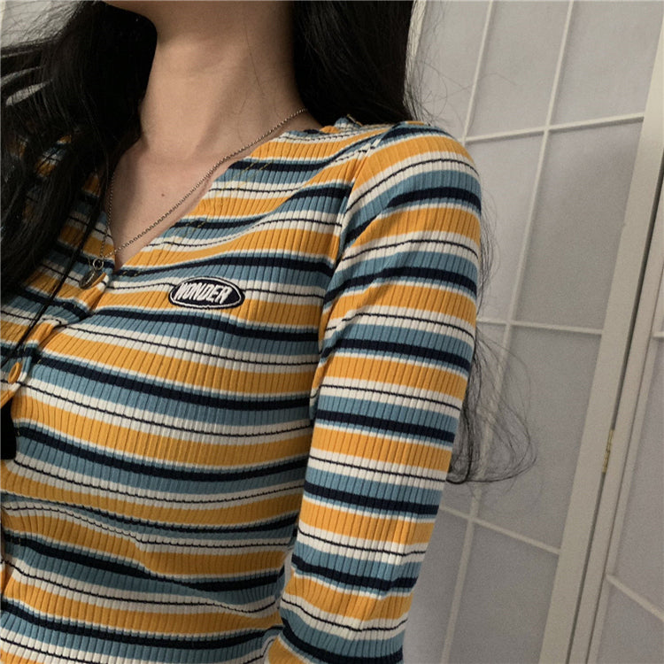 Chic V-Neck Striped Retro Sweater