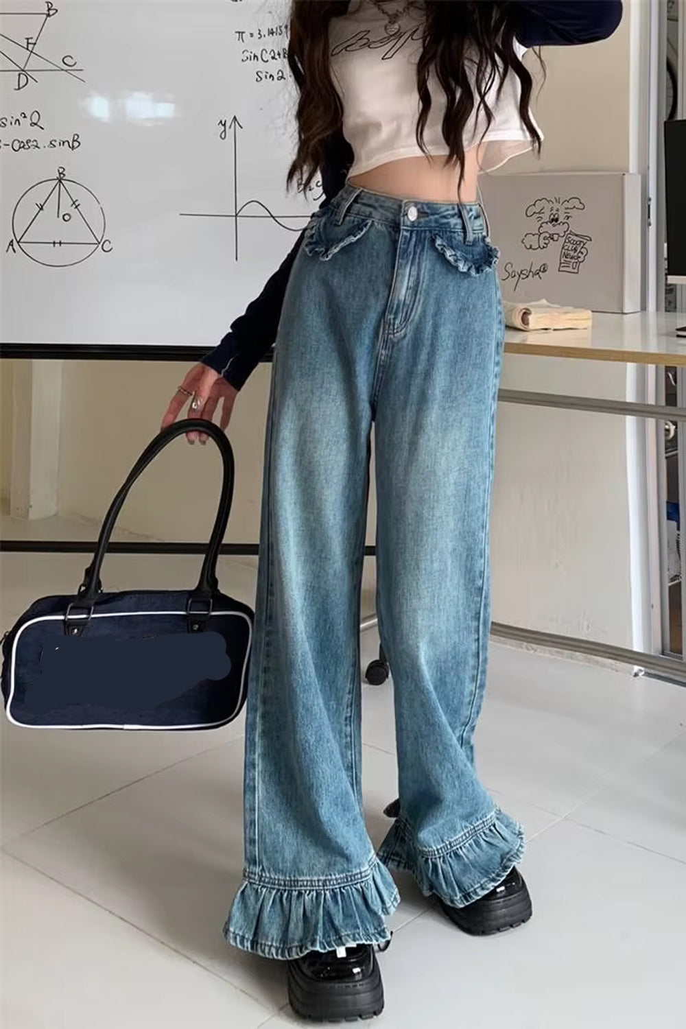 High Waist Vintage Ruffled Style Loose Jeans Pants