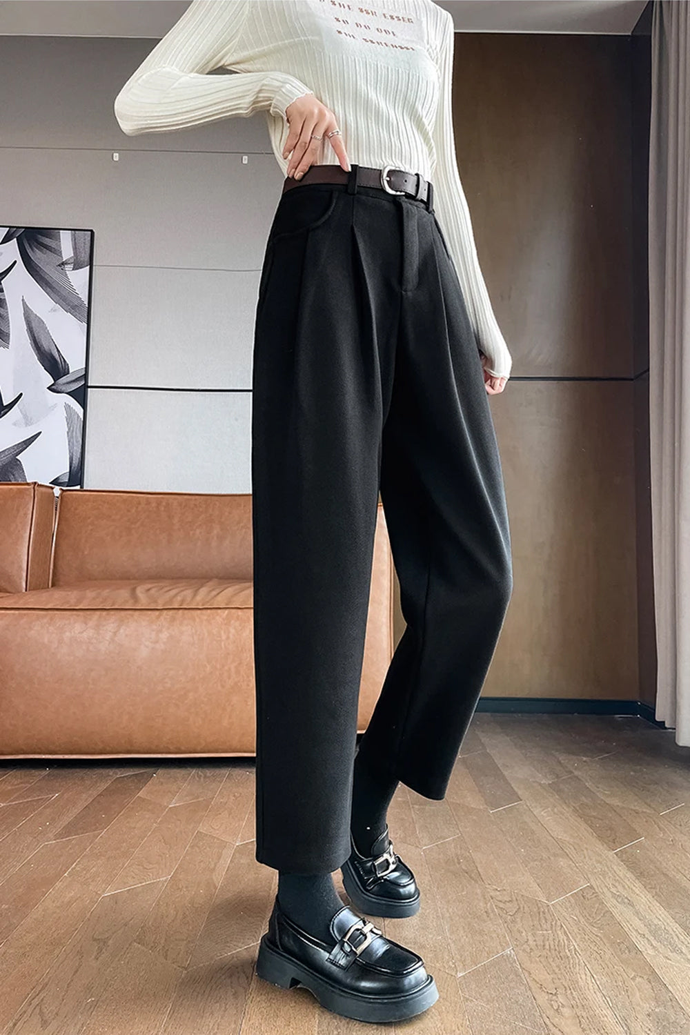 High Waist Woolen Thick Casual Pants