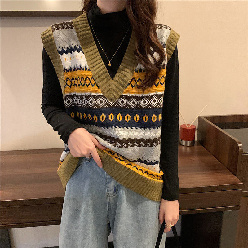 Retro V-Neck Geometric Pattern Vest Sweater