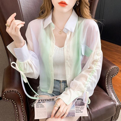 Long Sleeve Lace Tie Gradient Colors Cropped Shirt