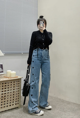 Heart Side Pattern Wide Leg Jeans