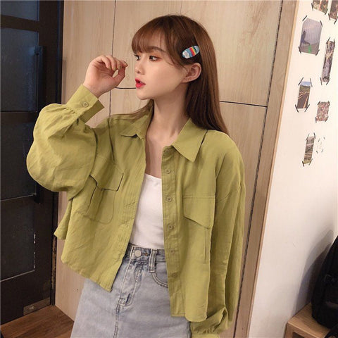 Long Sleeve Turn Down Collar Cropped Shirts