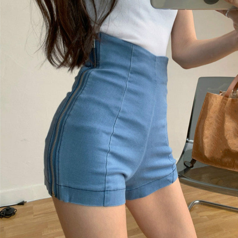 High Waist Solid Side Zipper Denim Shorts