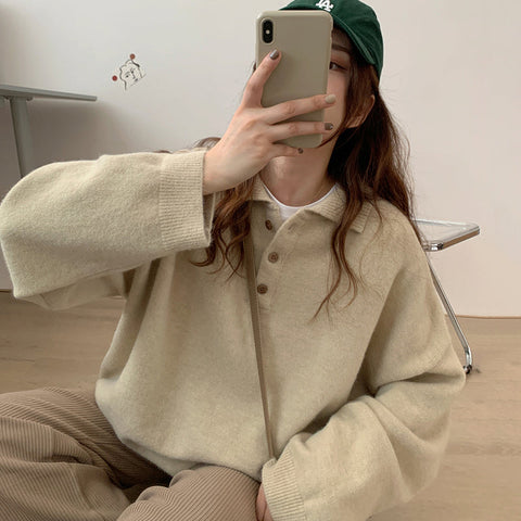 Long Sleeve Turn Down Collar Casual Sweater