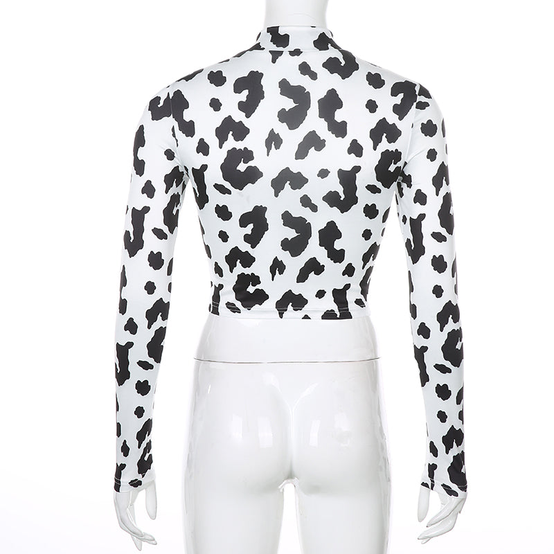 Long Sleeve Cow Pattern Sexy Slim Shirt
