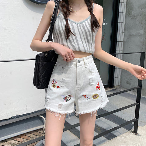 Sexy Floral Embroidered Denim Tassel Shorts Jeans