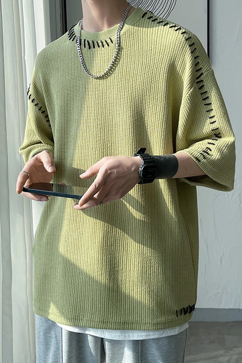 Loose Short Sleeve Suture Pattern Men Shirt