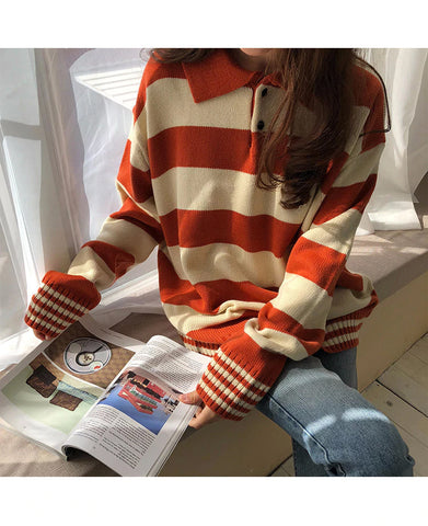 Color Stripe Casual Turn-Down Collar Knitted Sweater