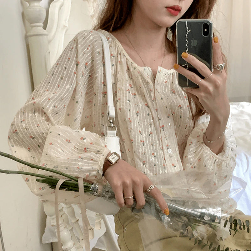 Loose Retro Florals Lantern Sleeve Blouse Shirt