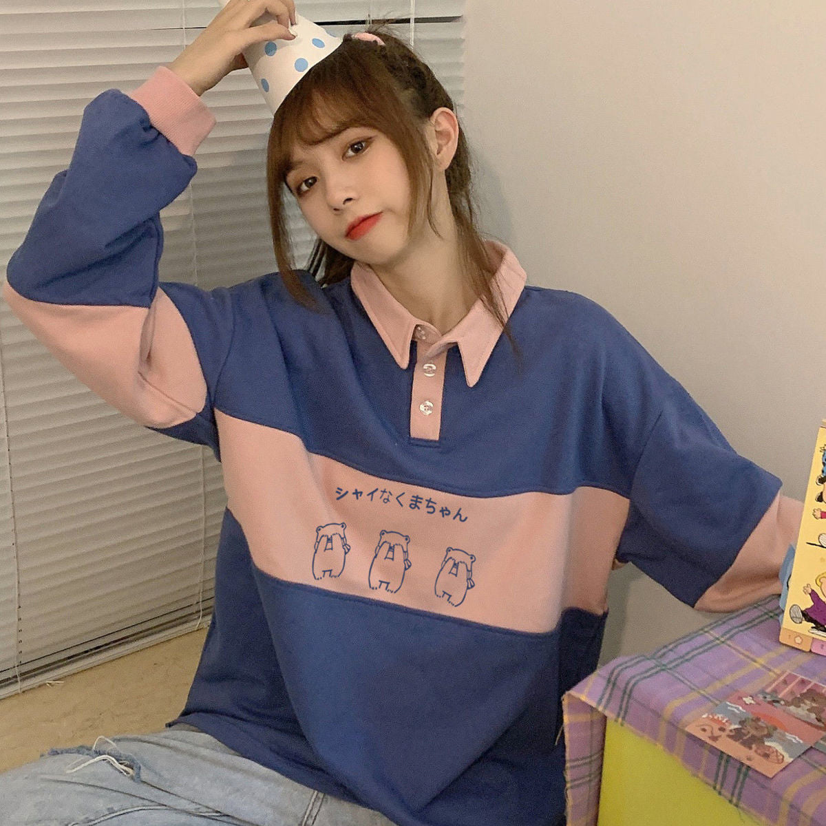 Cute Bears Printed Loose Long Sleeve Polo Collar Shirt