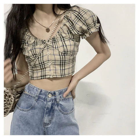 Puff Sleeve Plaid Sexy Crop Tops