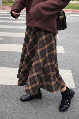 High Waist Wool Plaid Long Skirts