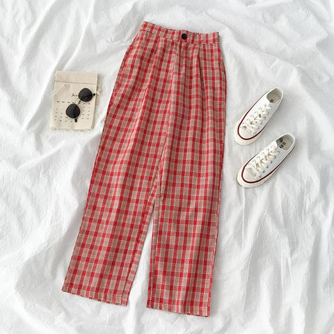 High Waist Wide Leg Loose Casual Plaid Pants