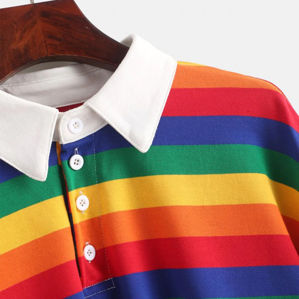 Rainbow Striped Long Sleeve Collar Cropped Shirt
