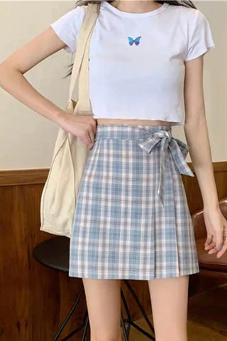 High Waist Bow Knot Plaid Pleated Skirt