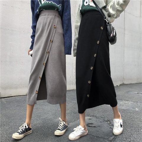 Casual Knitted Split Button Slim Skirt