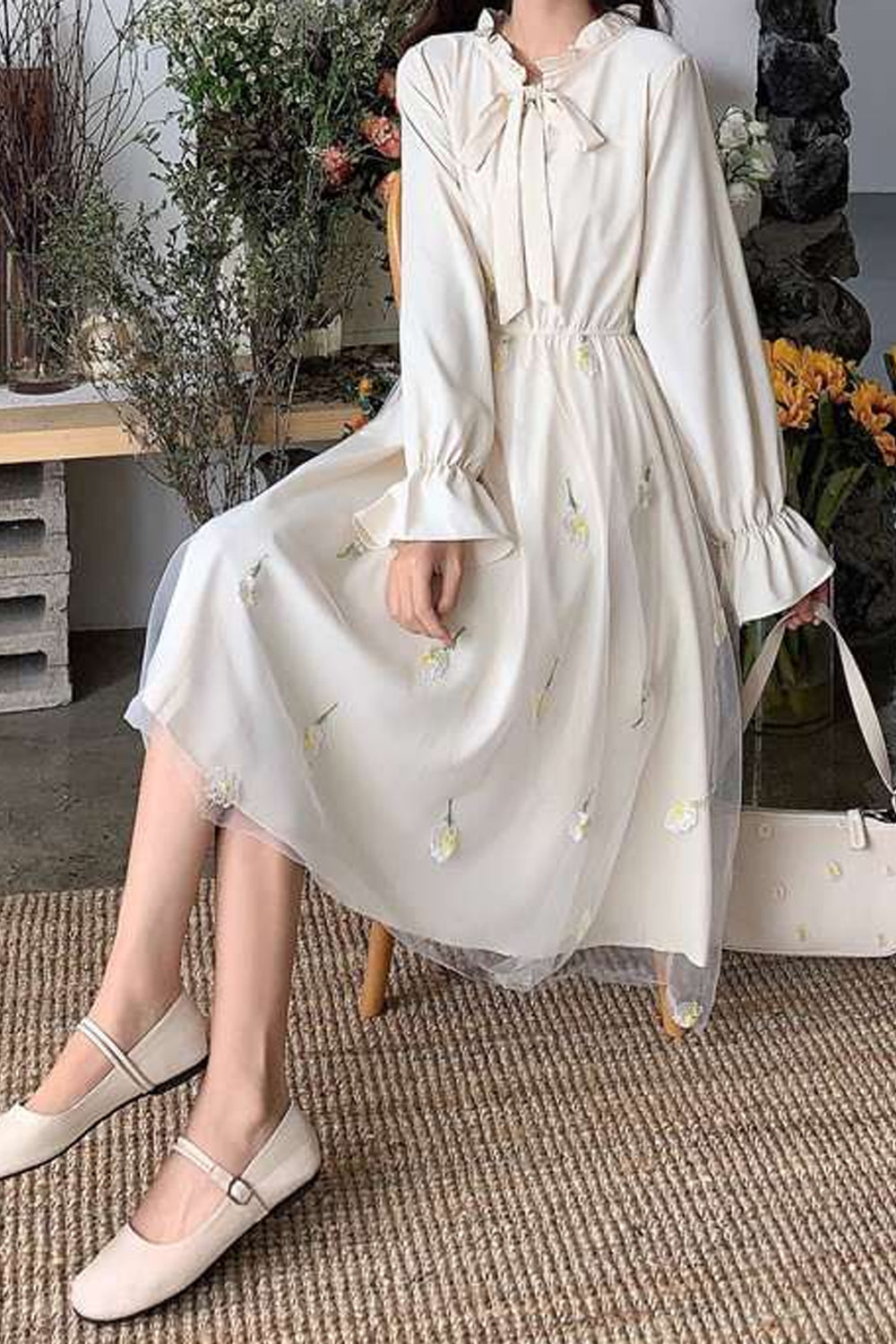 Long Sleeve Mesh Elegant Sweet Midi Dress