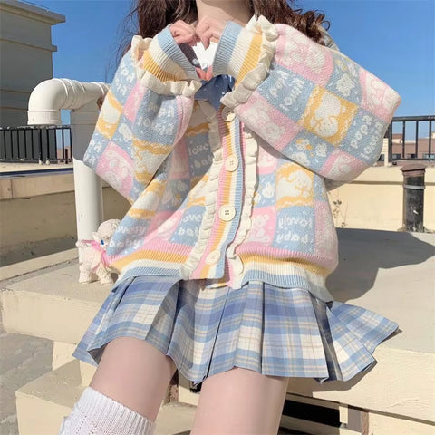 Loose Vintage Cartoon Pattern Ruffled Sweater