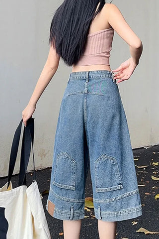 Loose Reversed Style Mid Length Jeans Pants