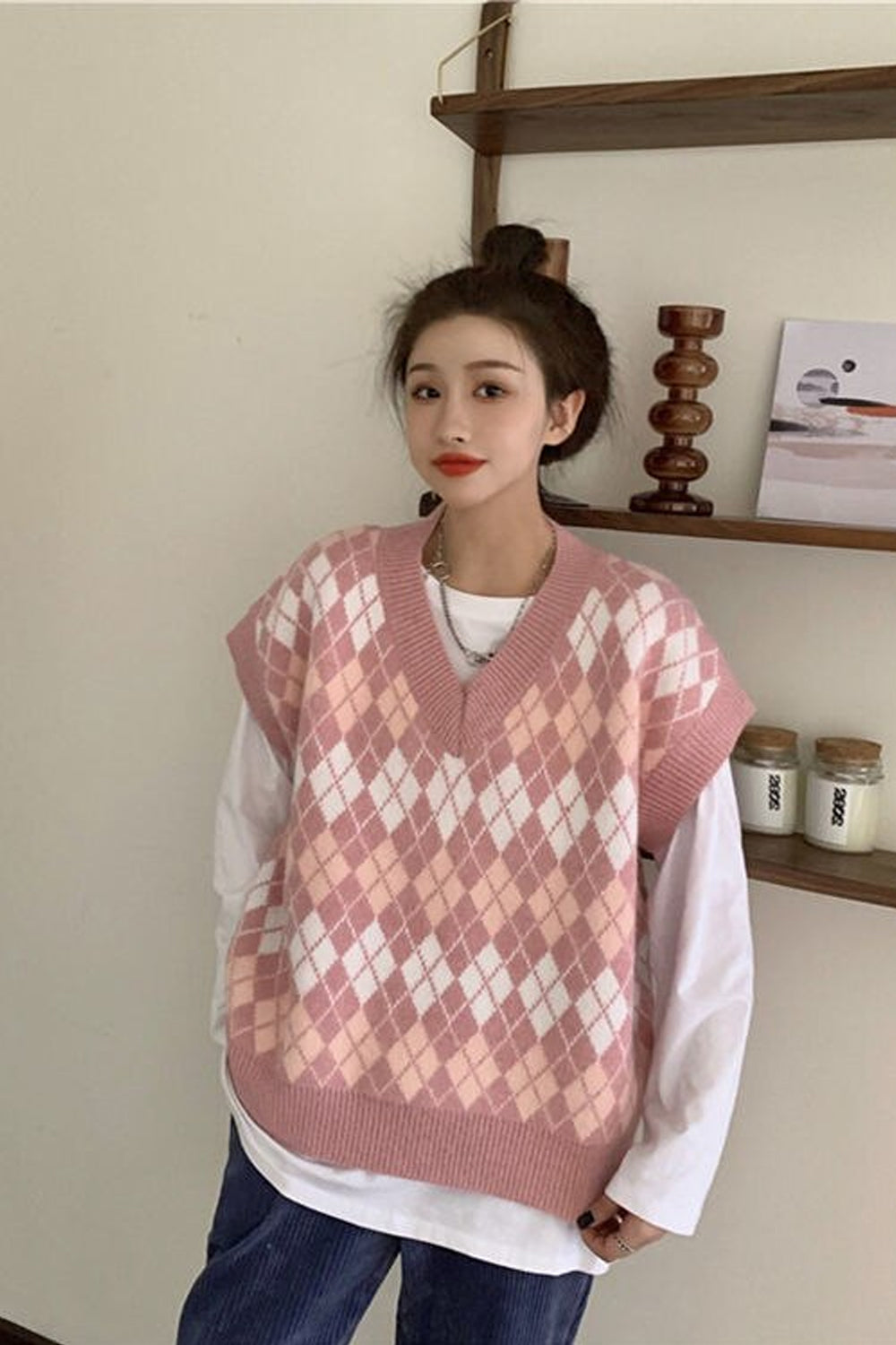 Pink Argyle Pattern V-Neck Knitted Vest Sweater