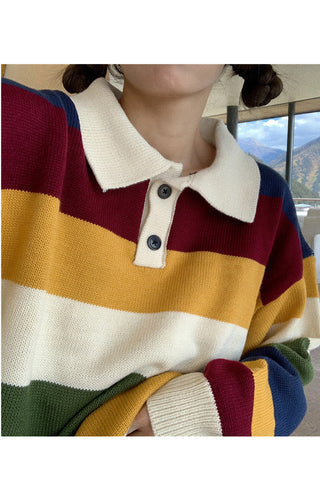 Hit Color Turn Down Collar Striped Sweater