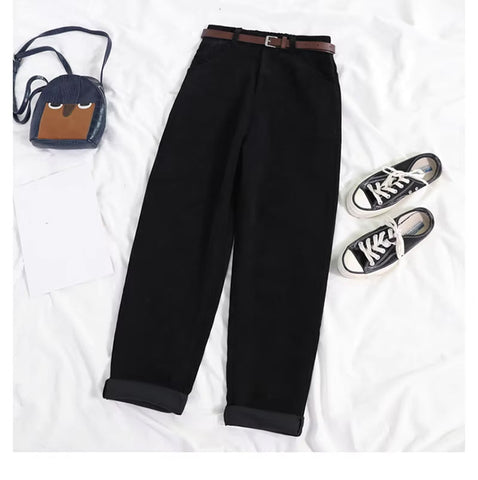 High Waist Long Corduroy Pants With Belt