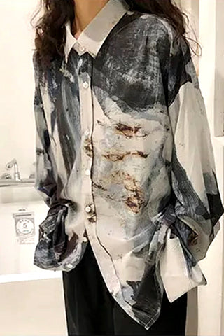 Casual Abstract Ink Pattern Long Sleeve Blouse Shirt