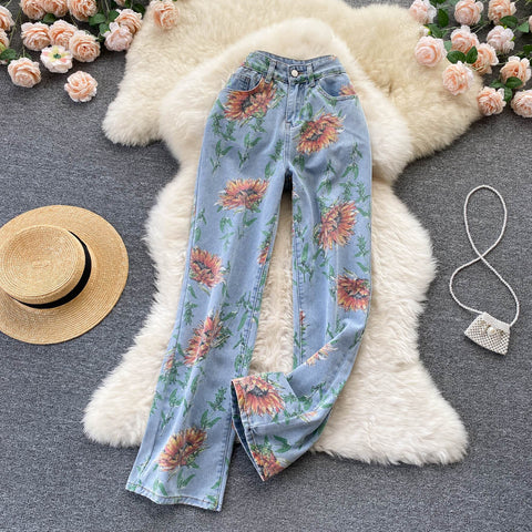 Sun Flower Pattern Long Jeans Pants