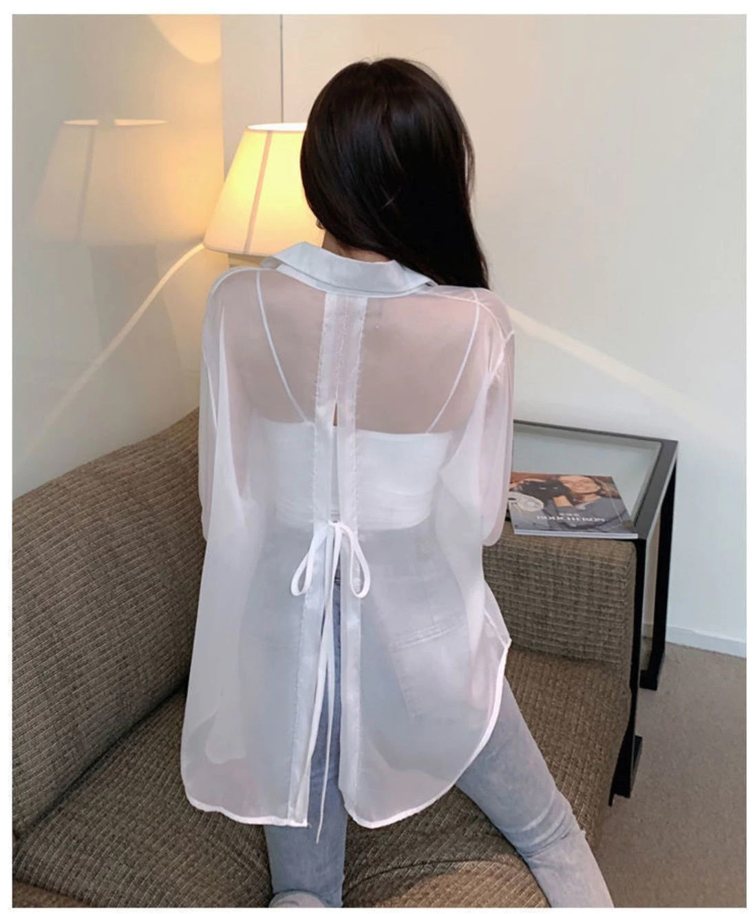 Camisa blusa transparente con lazo en la espalda suelta 