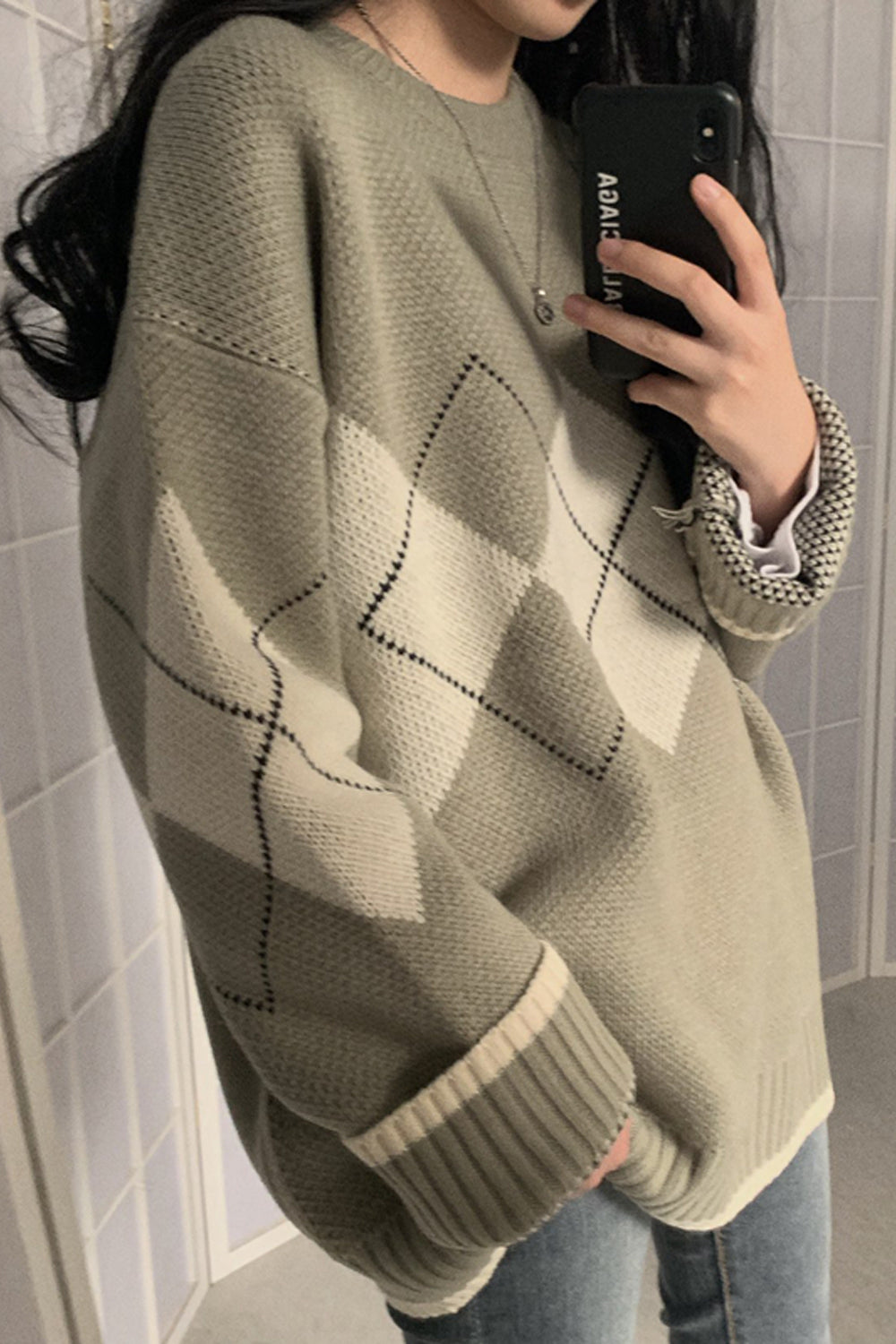 Long Sleeve Argyle Pattern Knitted Sweater